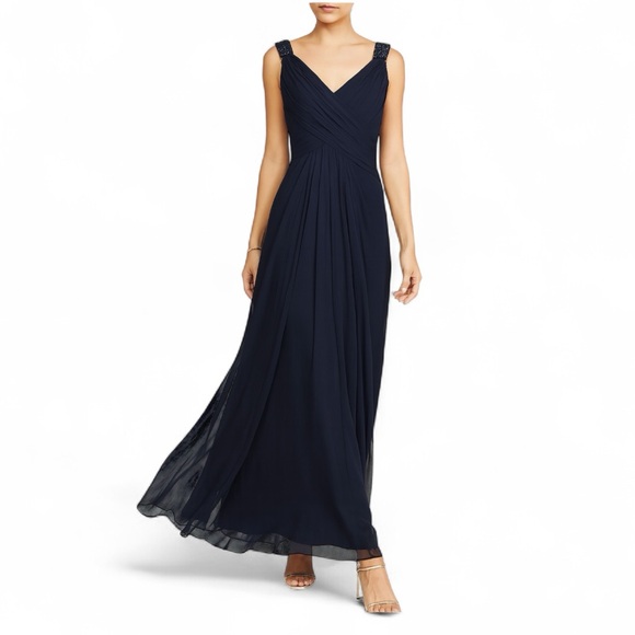 Tadashi Collection Navy Silk Gown Beaded Women’s Size 0 Formal Evening Dress - Picture 1 of 12